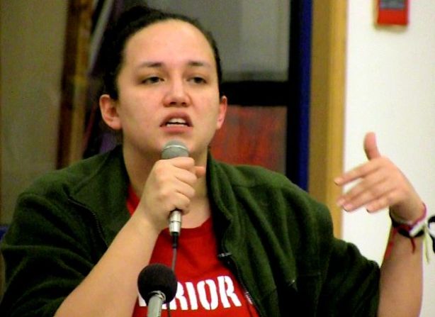 Winnipeg, Feb. 17, 2014: Suzanne Patles of the Mi'kmaq Warriors Society, speaking at at Thunderbird House. Photo: Paul S. Graham