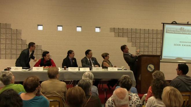 Winnipeg, Sept. 23, 2014: CBC News reporter (and panel moderator) Sean Kavanagh snaps a selfie with mayoral candidates at North Centennial Community Centre, proving some journalists will bend over backwards to get the story. Photo: Paul S. Graham